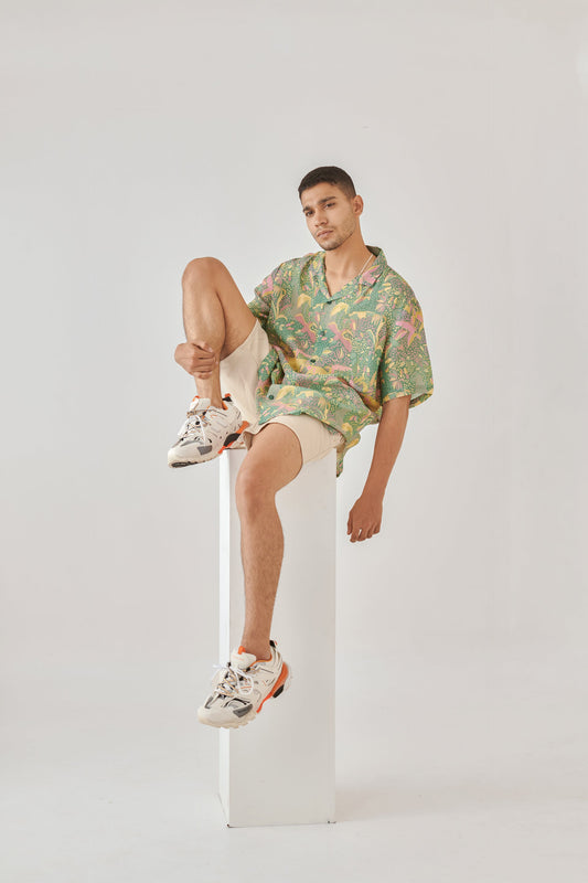 QB Men - Shaye Green Floral Oversize Shirt For Men