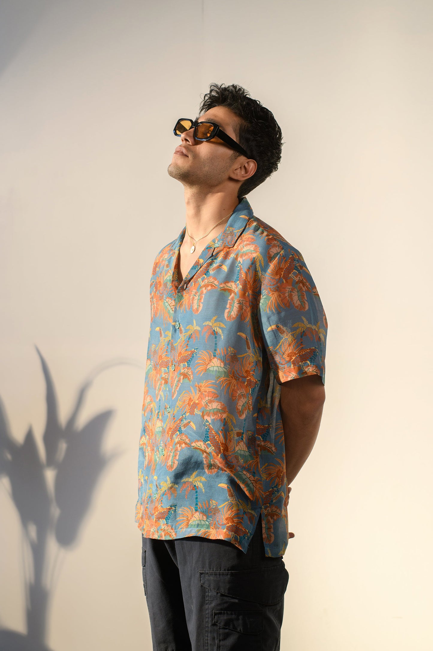 QB Men - Leopard Floral Blue Silk Hawaiin Collar Os Shirt