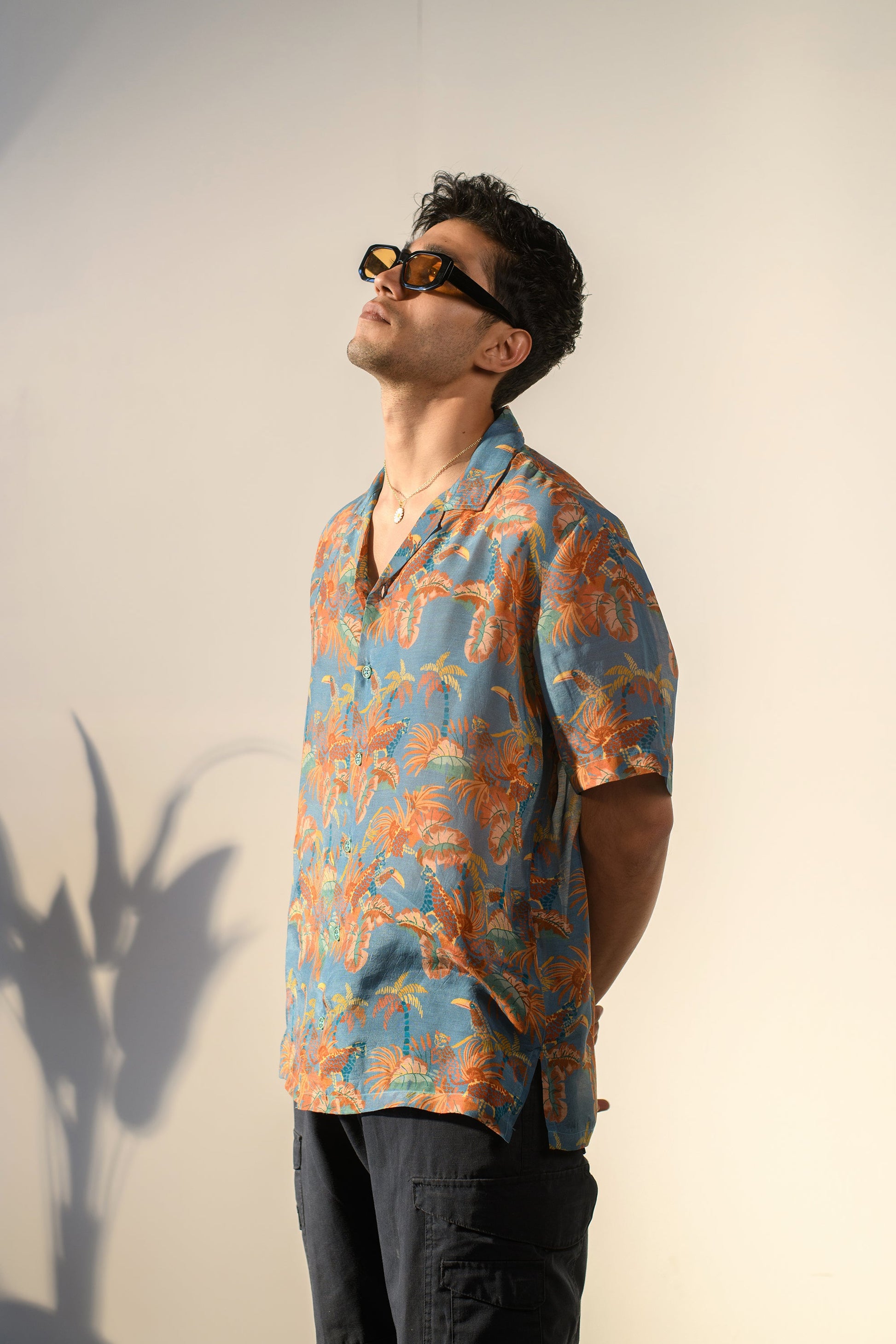 QB Men - Leopard Floral Blue Silk Hawaiin Collar Os Shirt