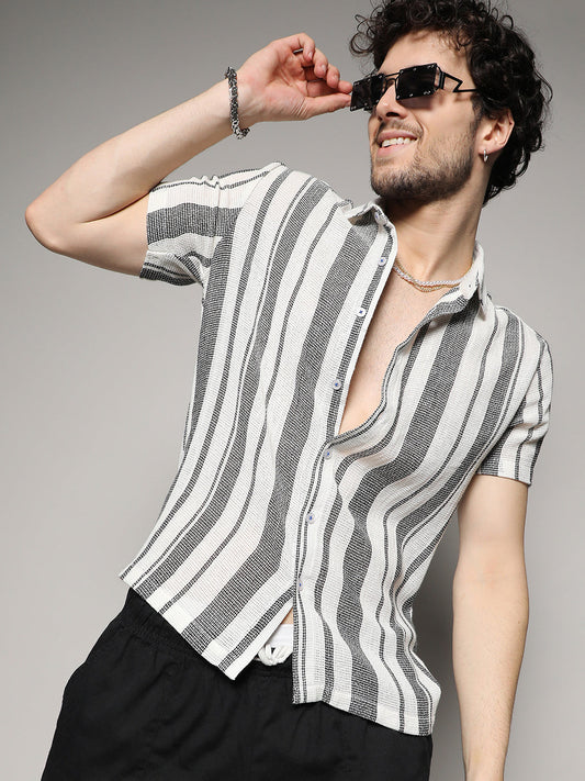 Campus Sutra - Unbalanced Striped Woven Shirt