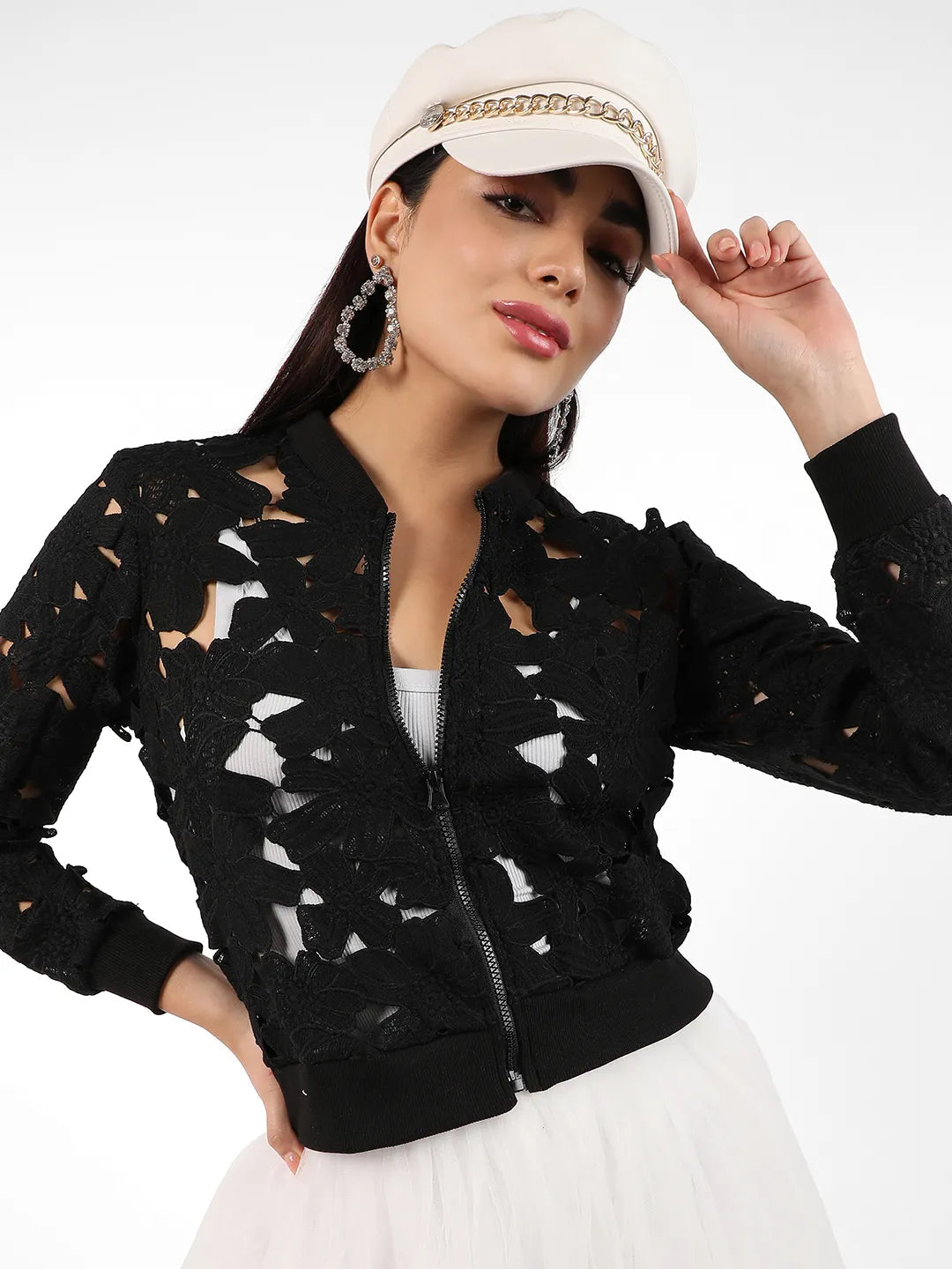 Campus Sutra - Jet Black Self-Design Botanical Jacket