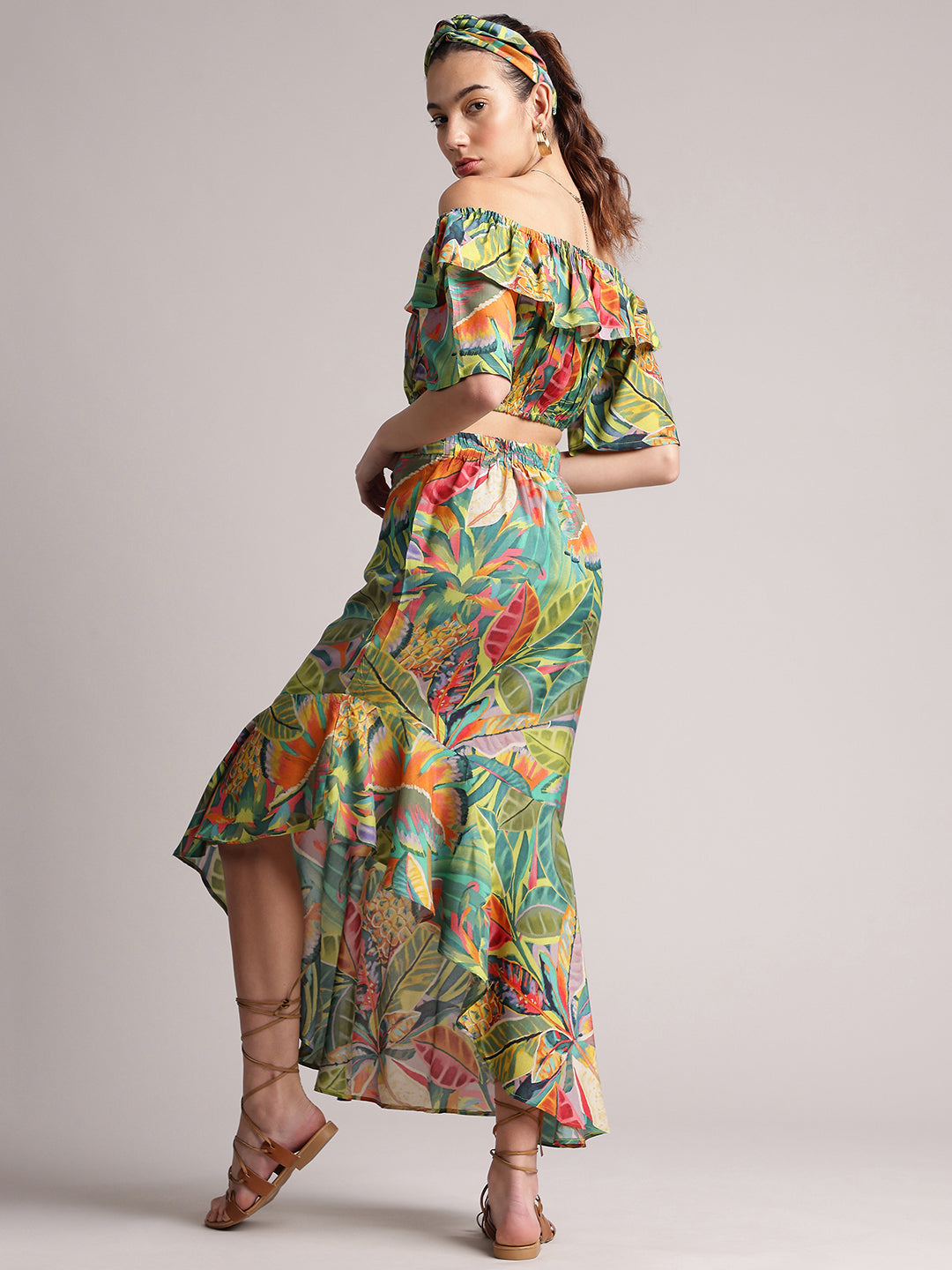 Zaccai - Green Muslin Tropical Ruffles Asymmetric Co-Ord Set