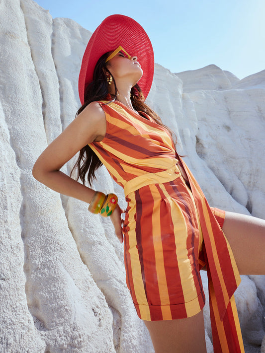 Zaccai - Rust Cotton Blend Striped Wrap Jumpsuit