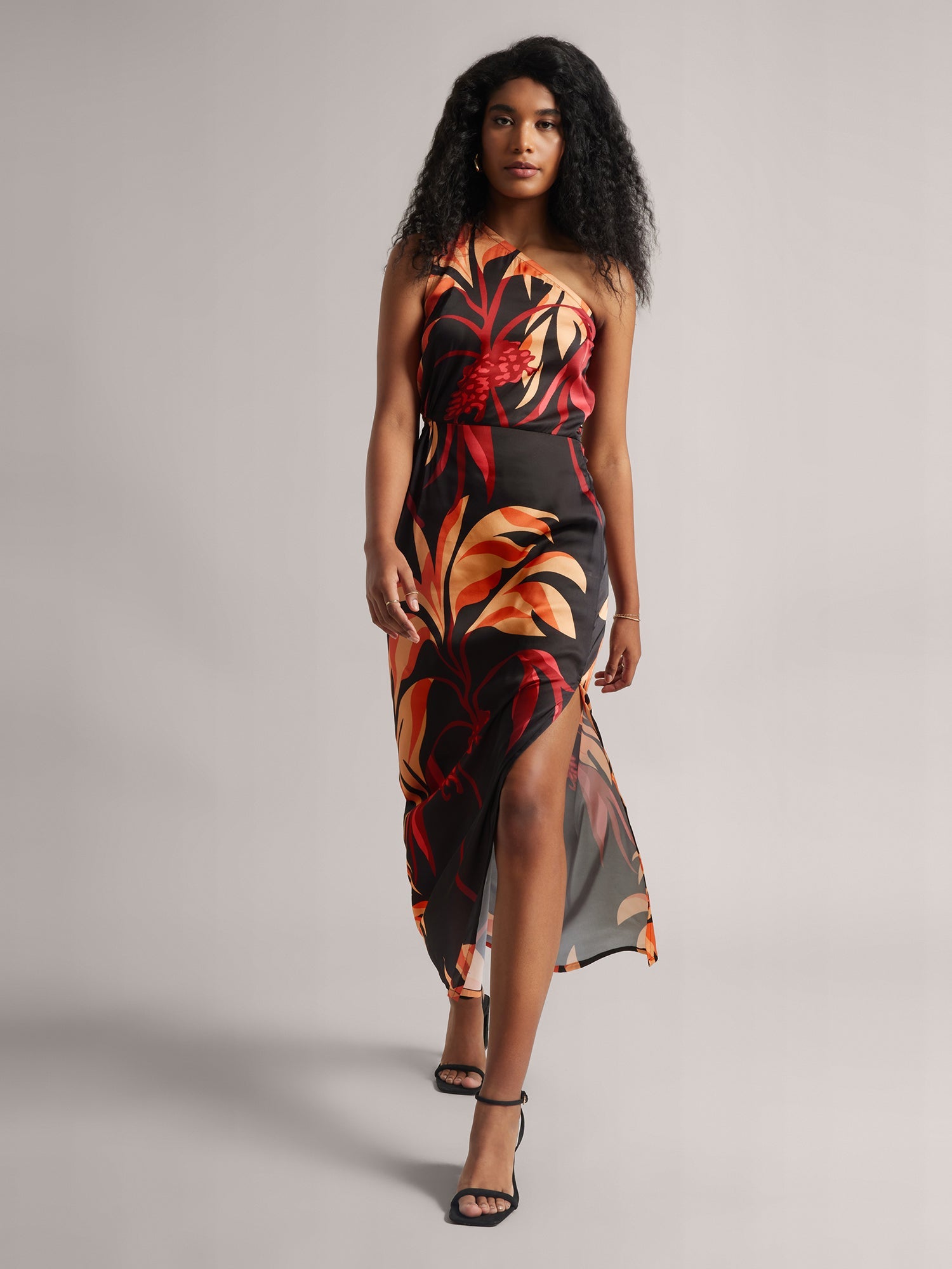 Zaccai - Black Fiery Printed One-Shoulder Slit Maxi Dress