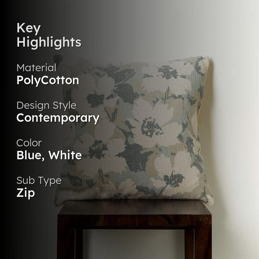White Lotus Polycotton Cushion Cover | Floral Blue & White