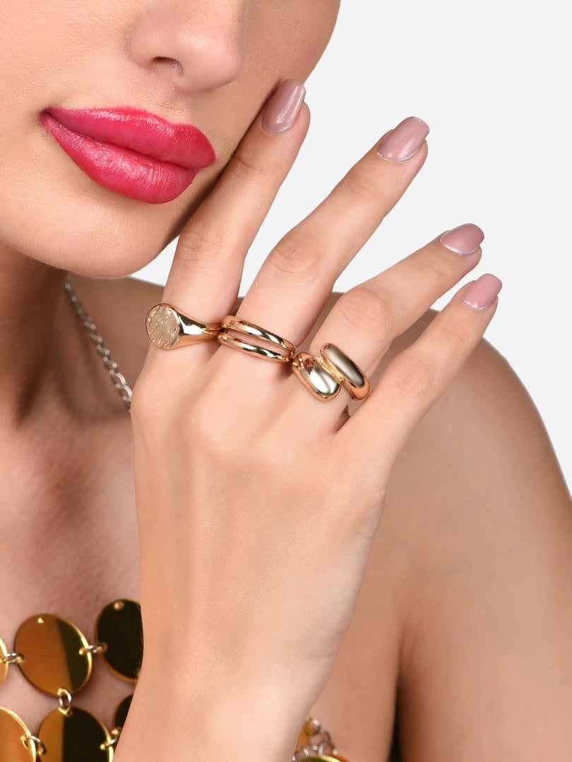 Women Combo of 3 Gold Tone Bold Statement Finger Rings