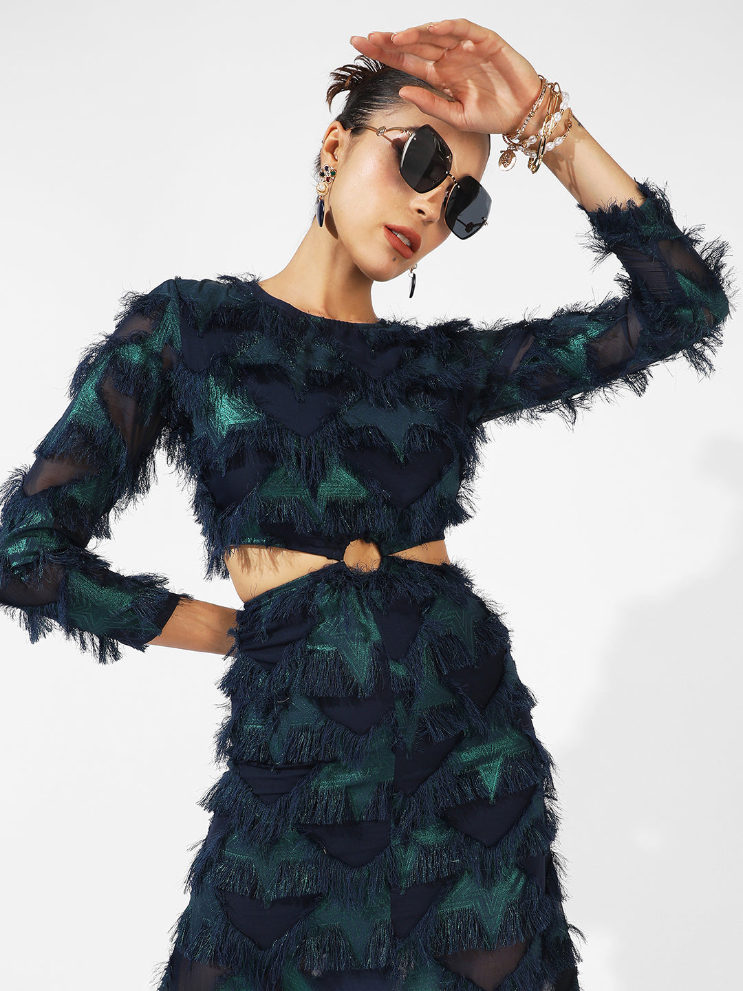 Green & Blue Cutout Fringe Dress