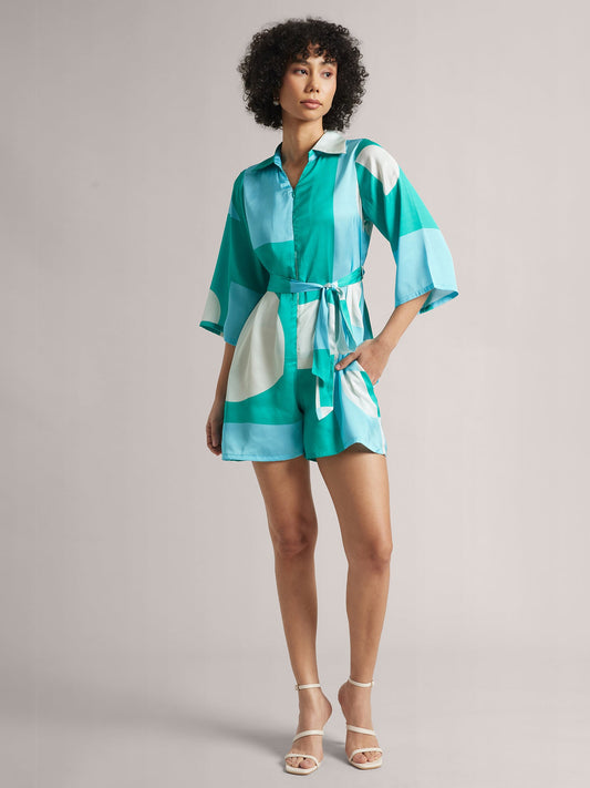 Zaccai - Blue and White Zip Up Abstract Print Playsuit