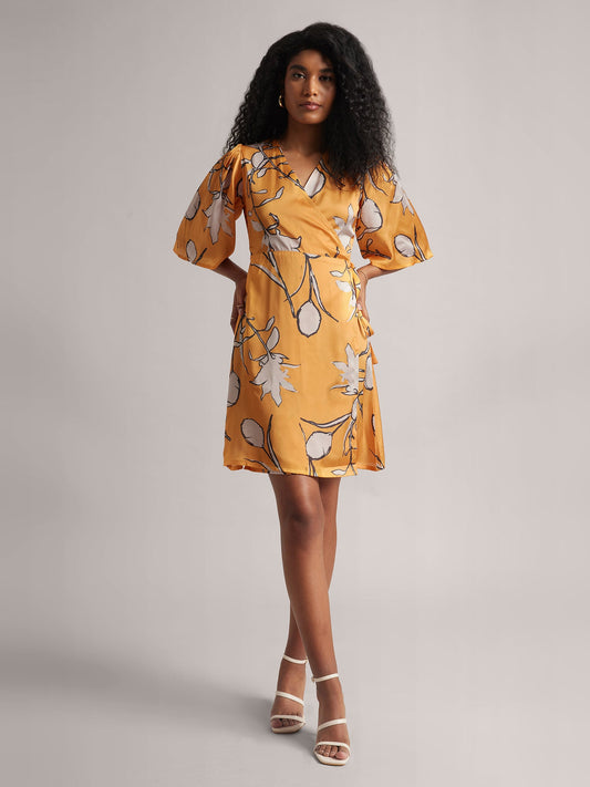Zaccai - Amber Yellow Abstract Print Wrap Tie-Up Dress