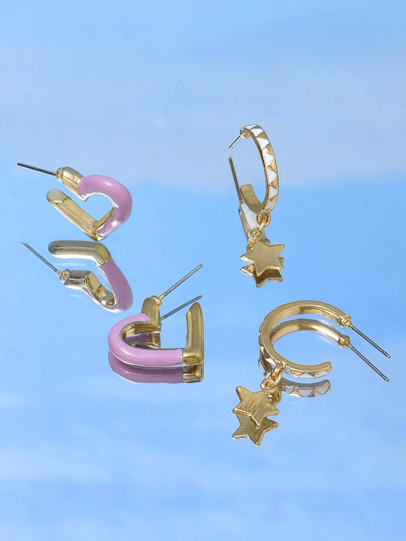 Women Combo of 2 Pink Heart White Enamel Star Contemporary Semi Hoop Earrings