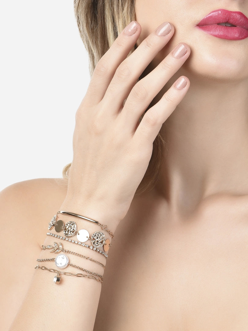 Women Combo of 6 Gold Tone Dazzling Diamonds Embellished Contemporary Stack Bracelets