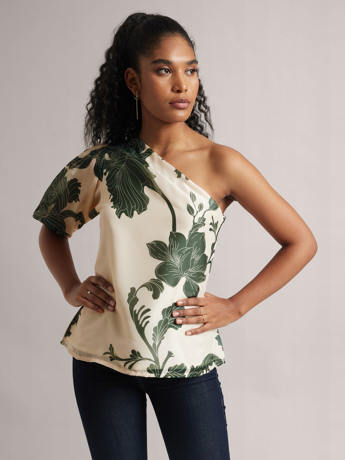 Cream One-Shoulder A-Line Top With Green Floral Print