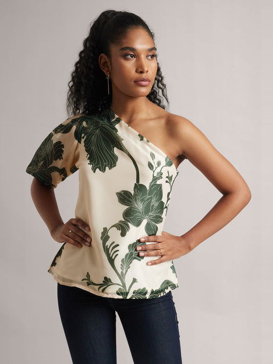 Cream One-Shoulder A-Line Top With Green Floral Print