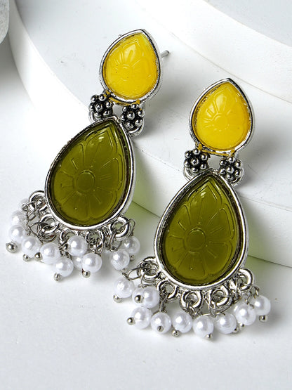 KARATCART Silver Plated Carved Stone Drop Yellow and Olive Earrings for Women