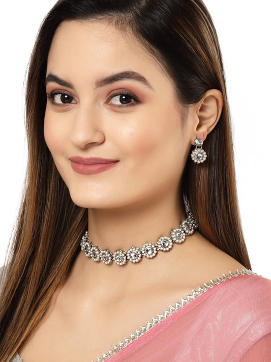 Karatcart Oxidised Silver White Kundan and Pearl Choker Necklace Set for Women