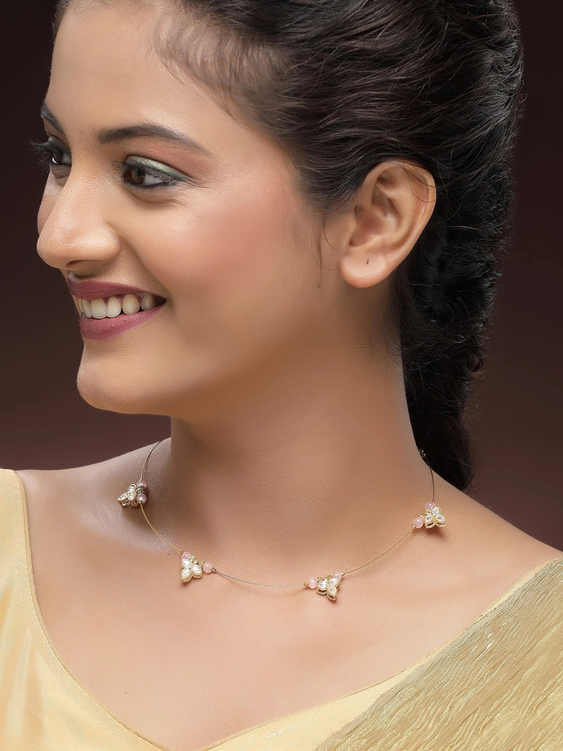 KARATCART Designer Gold-Plated Pink Beads Floral Kundan Minimalist Necklace for Women