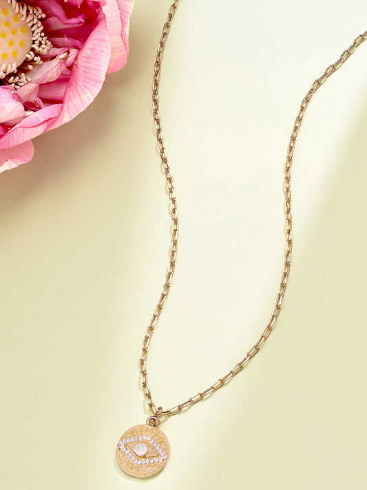 Women Gold Tone Dazzling Diamonds Embellished Contemporary Evil Eye Pendant Chain