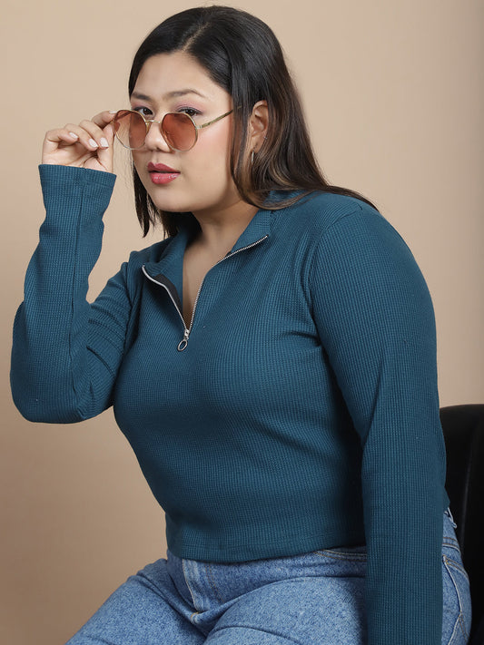 Rigo - Casual Cool  Teel Green Waffle Crop Top