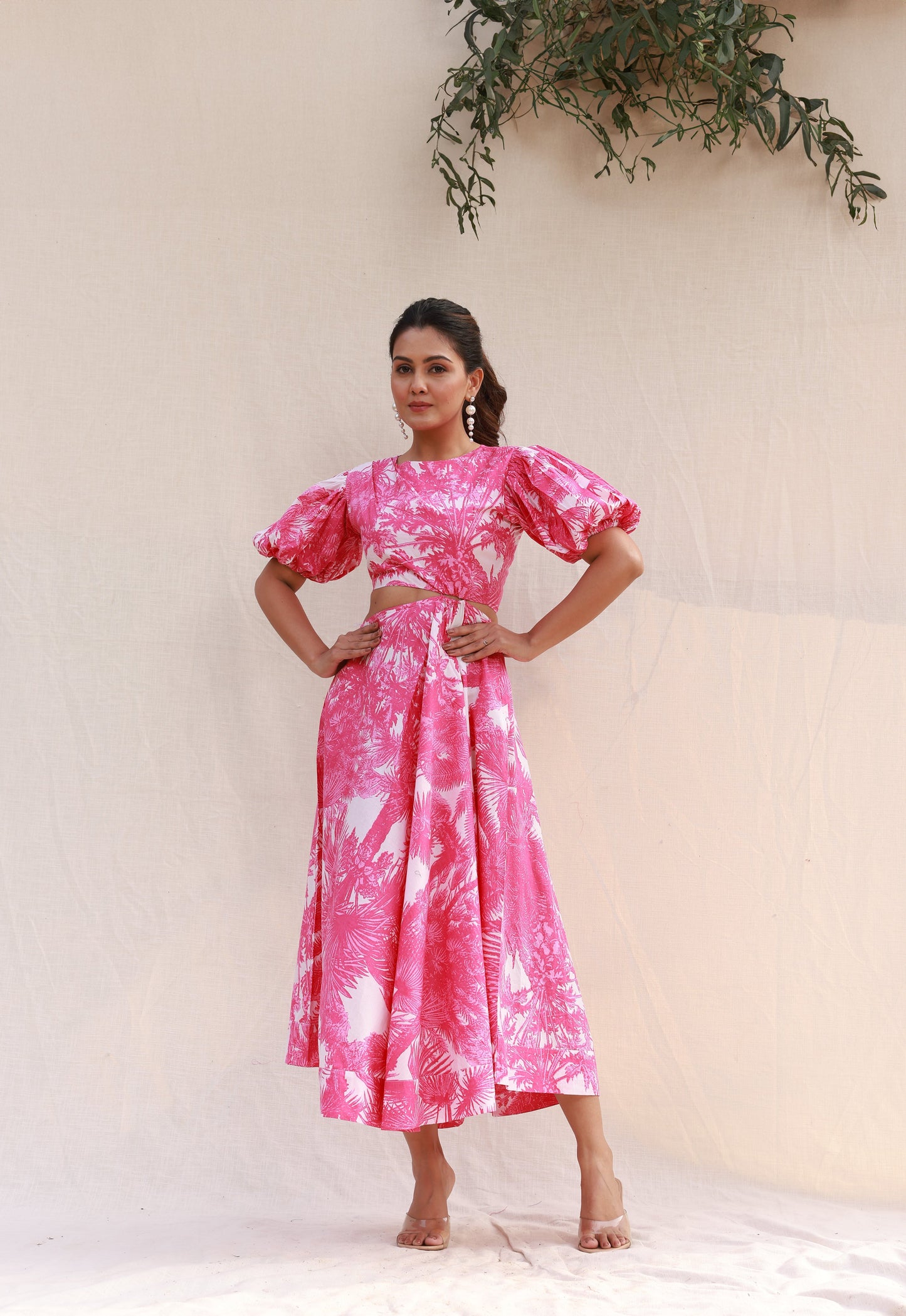 Waist cut-out pink palm print midi dress