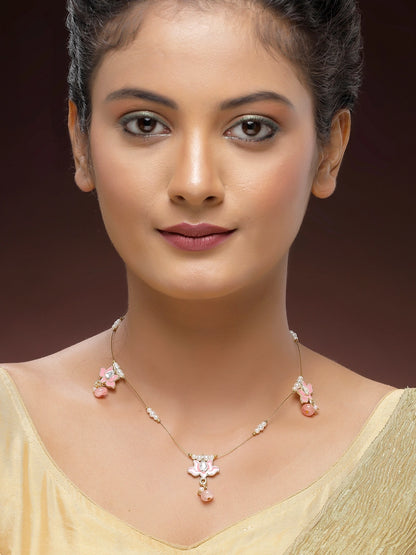 KARATCART Designer Gold-Plated Lotus-Shaped Pink Mee Kundan Minimalist Necklace for Women