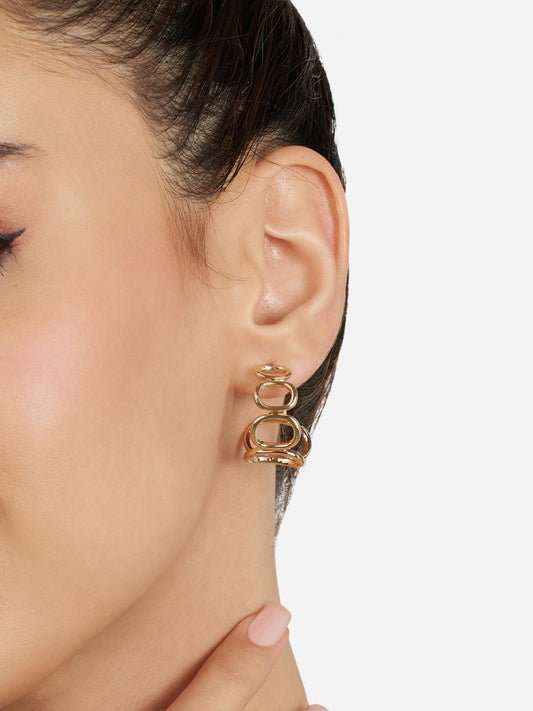 Women Gold Tone Contemporary Design Semi Hoop Studs Earring