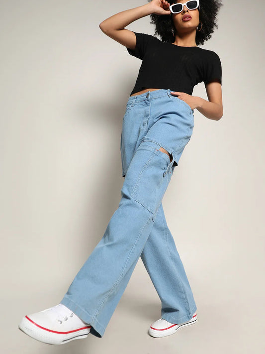 Campus Sutra - Light Blue Mid-Rise Cutout Denim Jeans