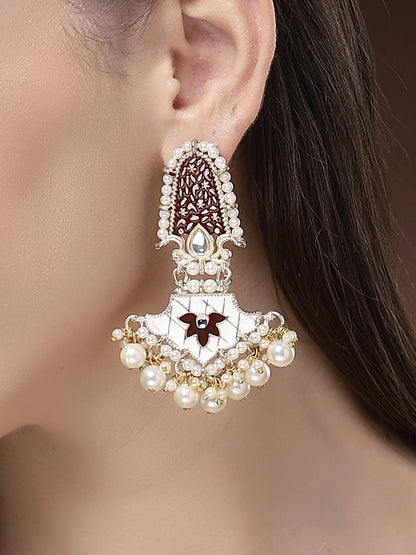 Karatcart Designer Gold Plated Maroon Meekari Floral Kundan Dangler Earrings with Pearls