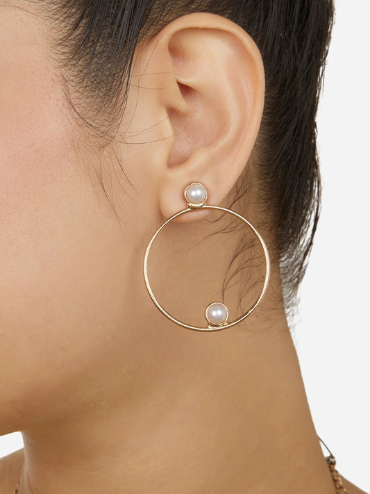 Women Gold Tone Pearls Embellished Contemporary Circular Studs Earring