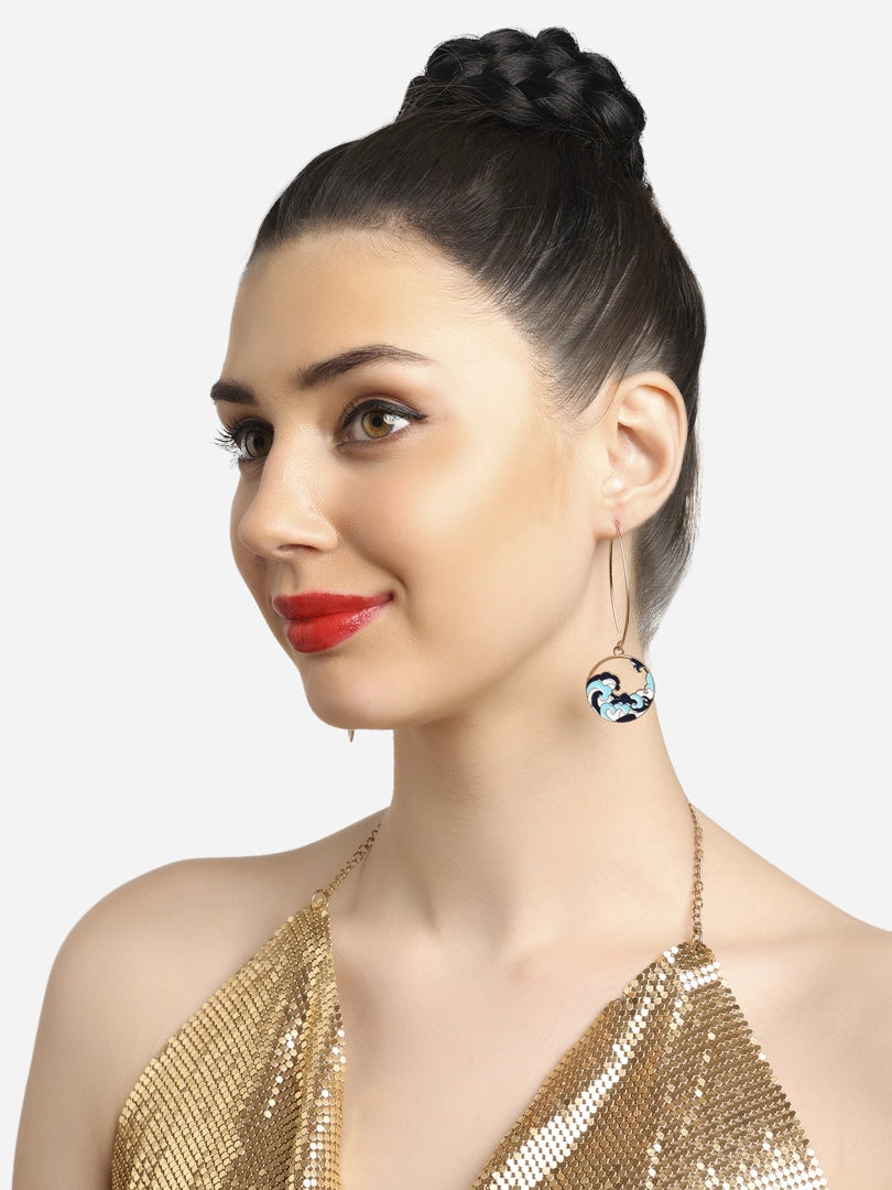 Women Blue Enamelled Sea Wave Contemporary Drop Earring