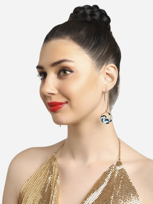 Women Blue Enamelled Sea Wave Contemporary Drop Earring