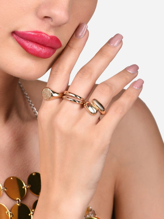 Women Combo of 3 Gold Tone Bold Statement Finger Rings
