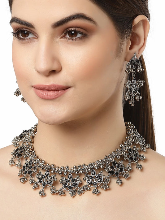 Karatcart Silver Tone Black Kundan and Tassel Ball Studded Choker Necklace Set for Women