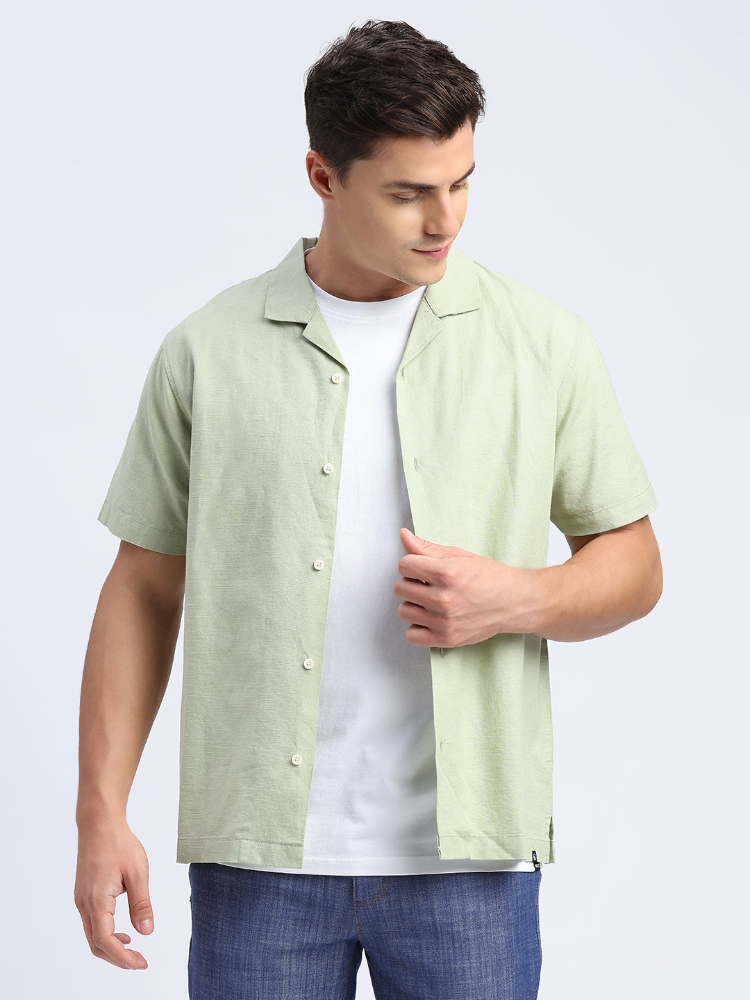 Cotton Linen Tarragon Green Haven Shirt - For Men