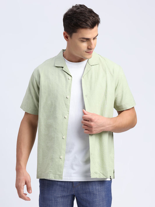 One Mile - Cotton Linen Tarragon Green Haven Shirt - For Men