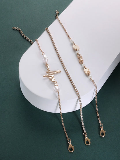 Women Combo of 3 Gold Tone Dazzling Diamonds & Pearl Embellished Stack Bracelets