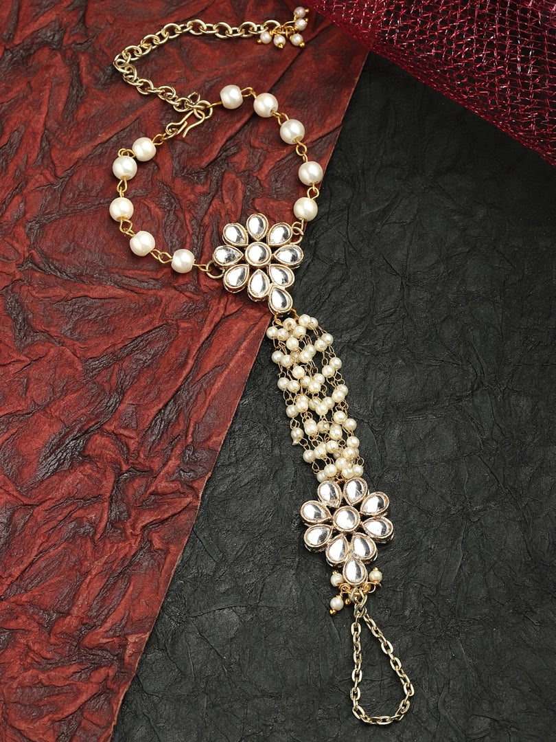 Karatcart Gold Plated Pearl and Floral Kundan Hathphool for Women