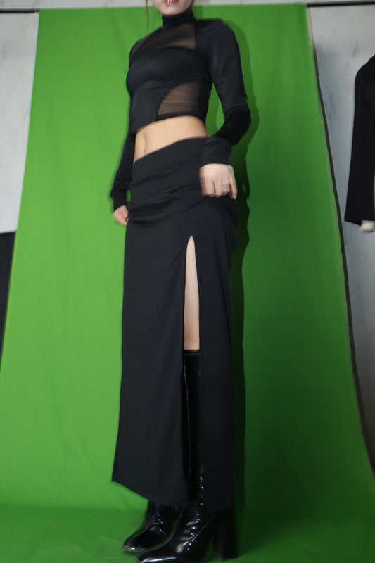 Beeglee - Black High Slit Long Skirt