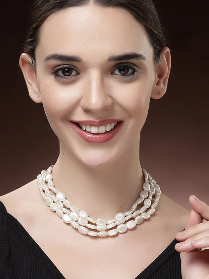Karatcart Elegant White Flat Pearl Multi-Strand Gold-Plated Necklace for Women